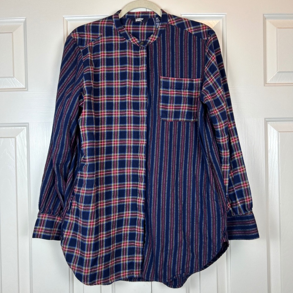Lands End Womens Navy Plaid Stripe Flannel Button Down Shirt